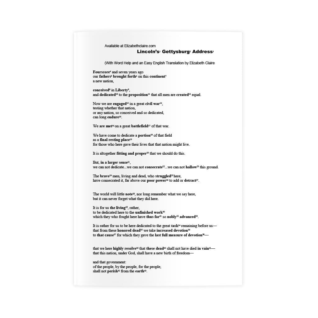 Lincolns Gettysburg Address | Elizabeth Claire's ESL Materials Lincolns Gettysburg Address | Elizabeth Claire's ESL Materials